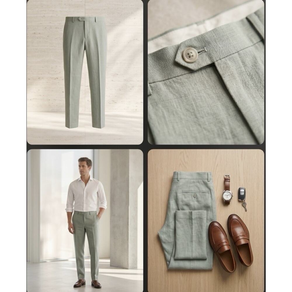 Tommy Hilfiger 100% Linen Modern Fit Dress Pants Sage Green Mens 34X32 $100
